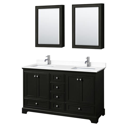 Deborah 60" Double Vanity in Espresso, White Marble Top, Medicine Cabinets
