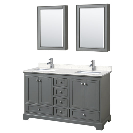 Deborah 60" Double Vanity in Gray, Carrara Marble Top, Medicine Cabinets