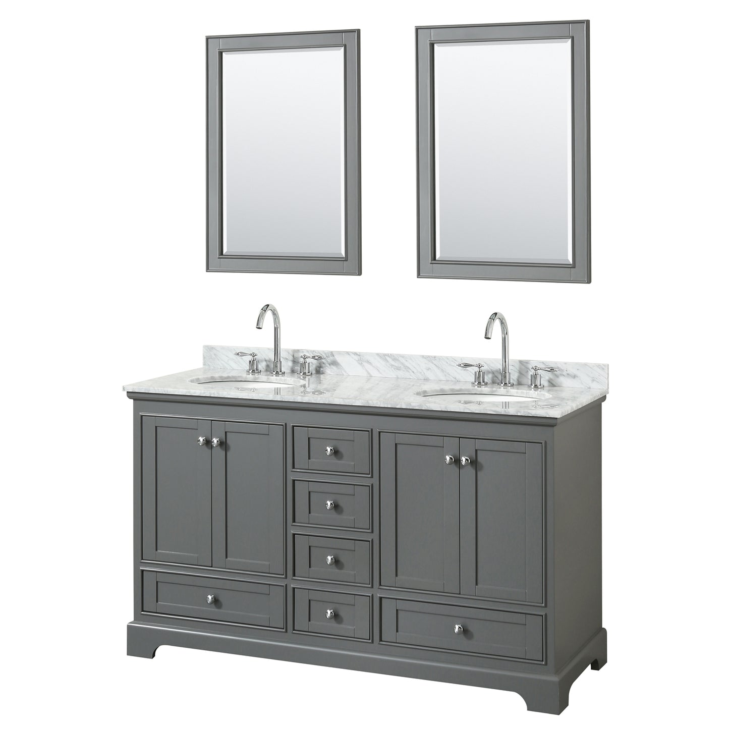 Deborah 60 Inch Double Bathroom Vanity in Dark Gray, White Carrara Marble Countertop, Undermount Oval Sinks, and 24 Inch Mirrors