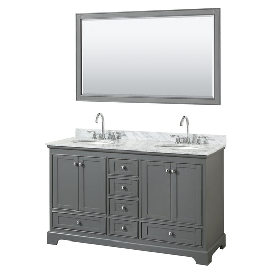 Deborah 60 Inch Double Bathroom Vanity in Dark Gray, White Carrara Marble Countertop, Undermount Oval Sinks, and 58 Inch Mirror