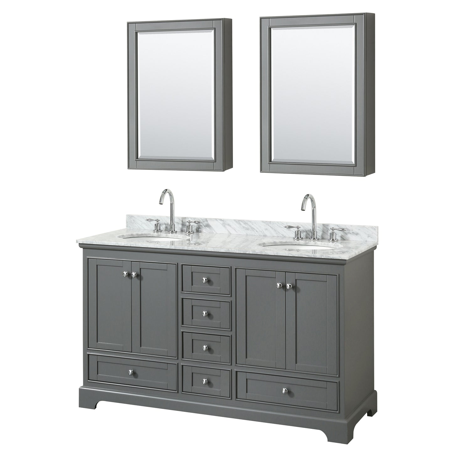 Deborah 60 Inch Double Bathroom Vanity in Dark Gray, White Carrara Marble Countertop, Undermount Oval Sinks, and Medicine Cabinets