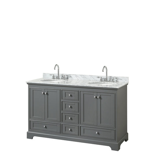 Deborah 60 Inch Double Bathroom Vanity in Dark Gray, White Carrara Marble Countertop, Undermount Oval Sinks, and No Mirrors