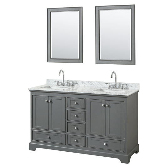 Deborah 60 inch Double Bathroom Vanity in Dark Gray, White Carrara Marble Countertop, Undermount Square Sinks, and 24 inch Mirrors