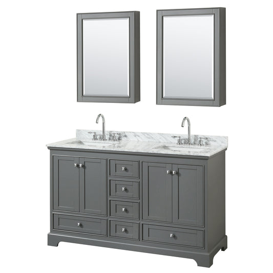 Deborah 60 inch Double Bathroom Vanity in Dark Gray, White Carrara Marble Countertop, Undermount Square Sinks, and Medicine Cabinets