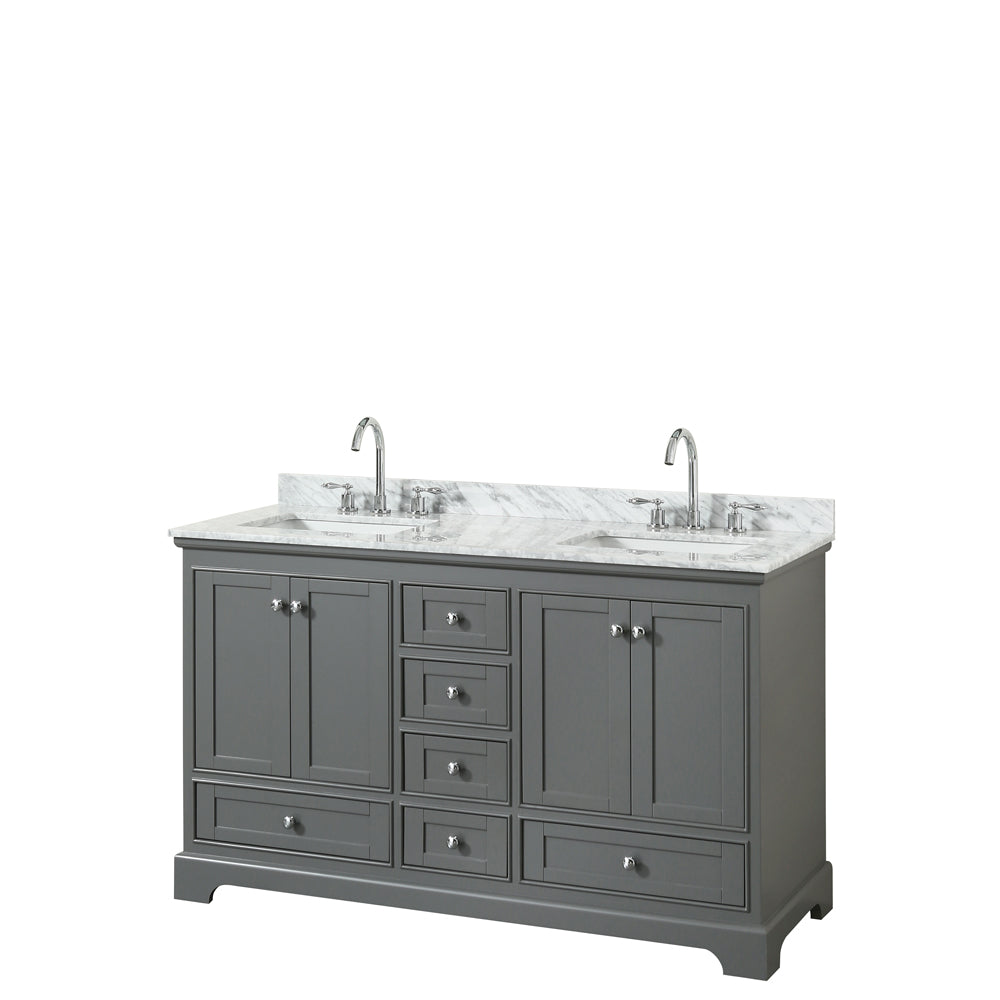 Deborah 60 inch Double Bathroom Vanity in Dark Gray, White Carrara Marble Countertop, Undermount Square Sinks, and No Mirror