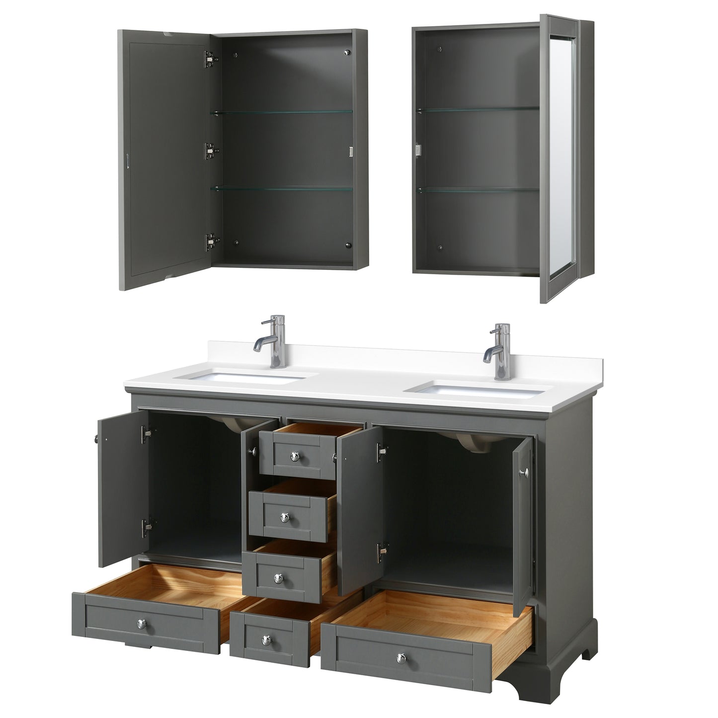 Deborah 60" Double Vanity in Gray, White Cultured Marble Top, Medicine Cabinets