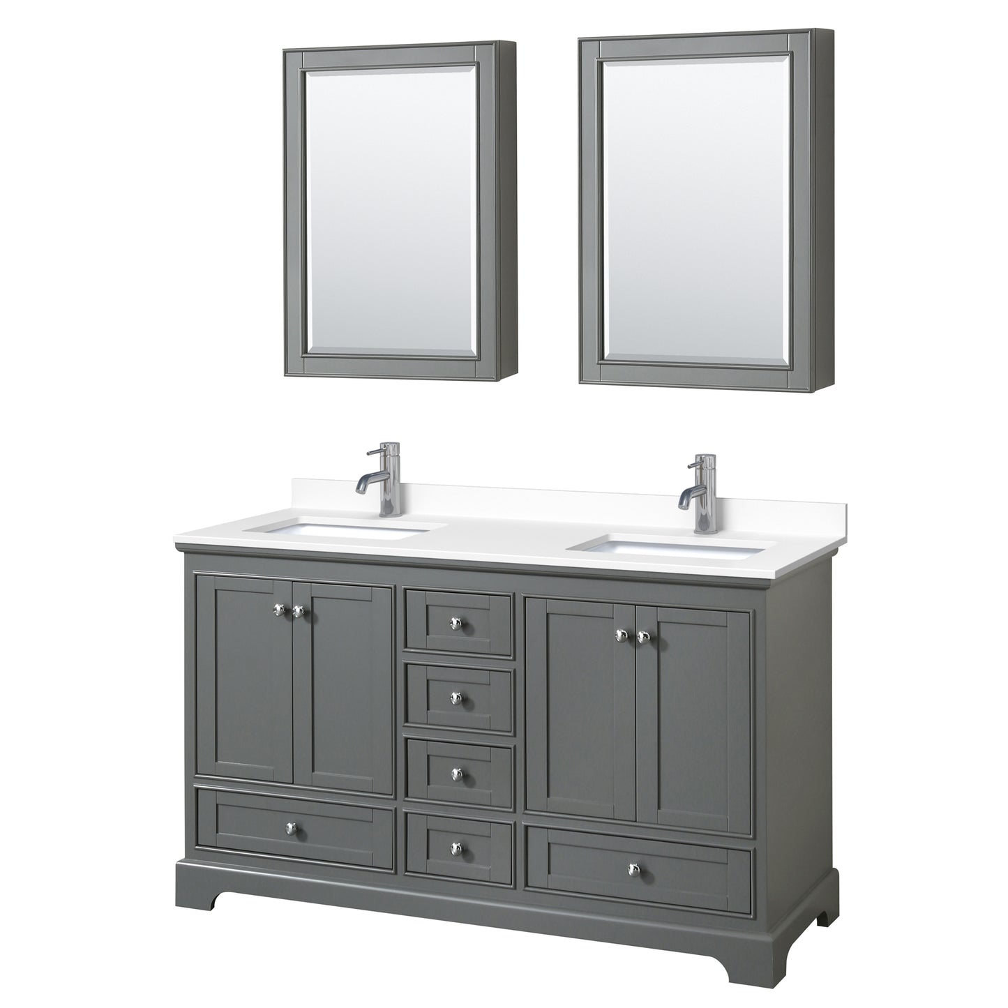 Deborah 60" Double Vanity in Gray, White Cultured Marble Top, Medicine Cabinets