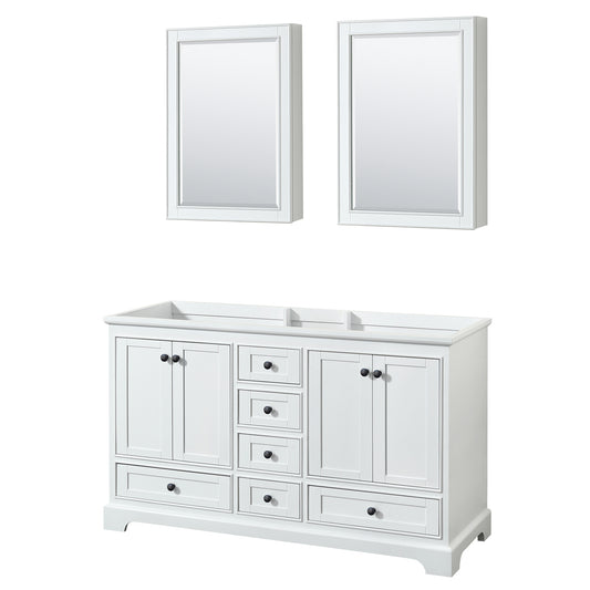 Deborah 60" Double Vanity in White, No Top, Matte Black Trim, Medicine Cabinets