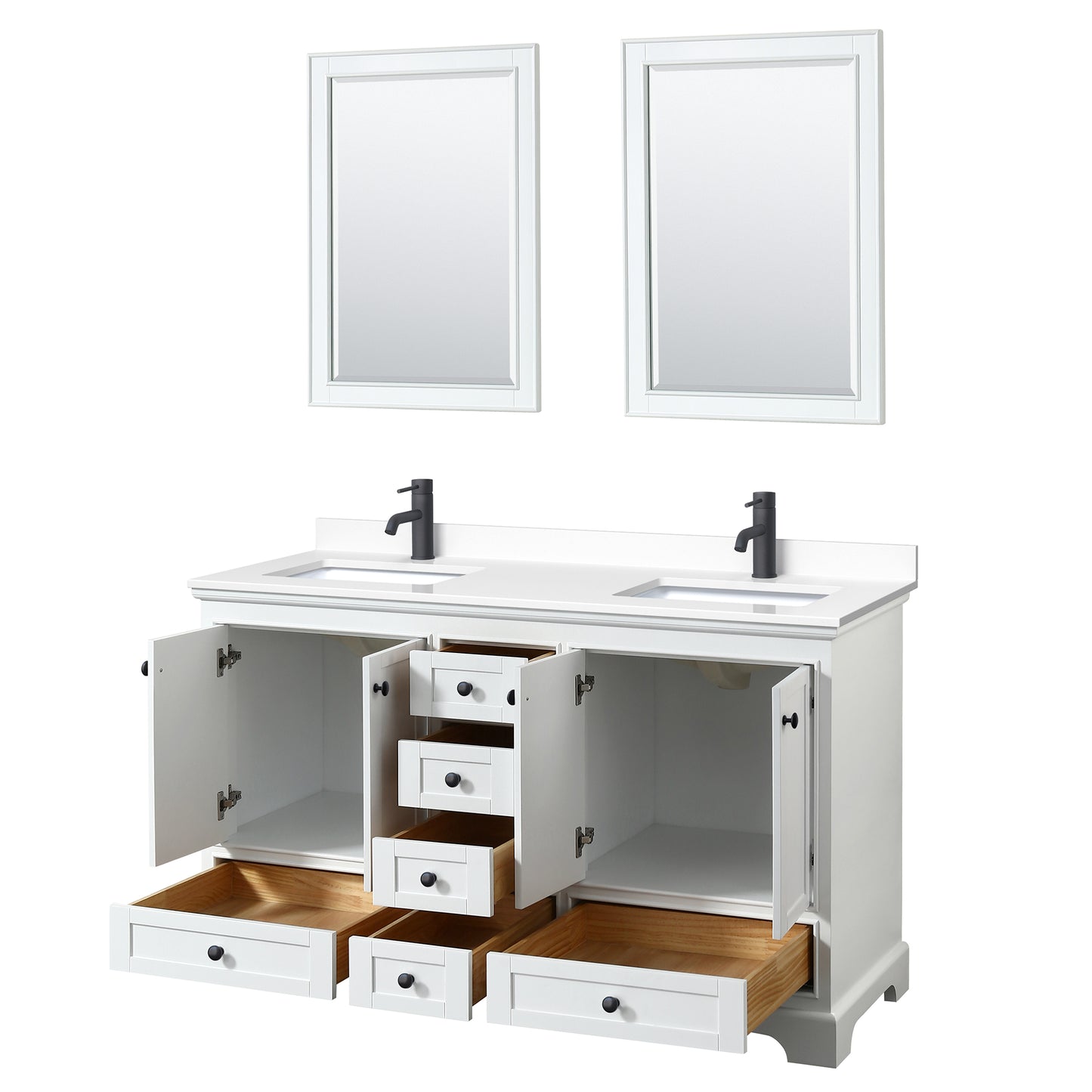 Deborah 60" Double Vanity in White, White Marble Top, Black Trim, 24" Mirrors