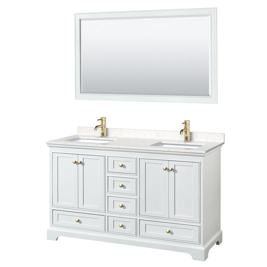 Deborah 60" Double Vanity in White, Carrara Marble Top, Gold Trim, 58" Mirror