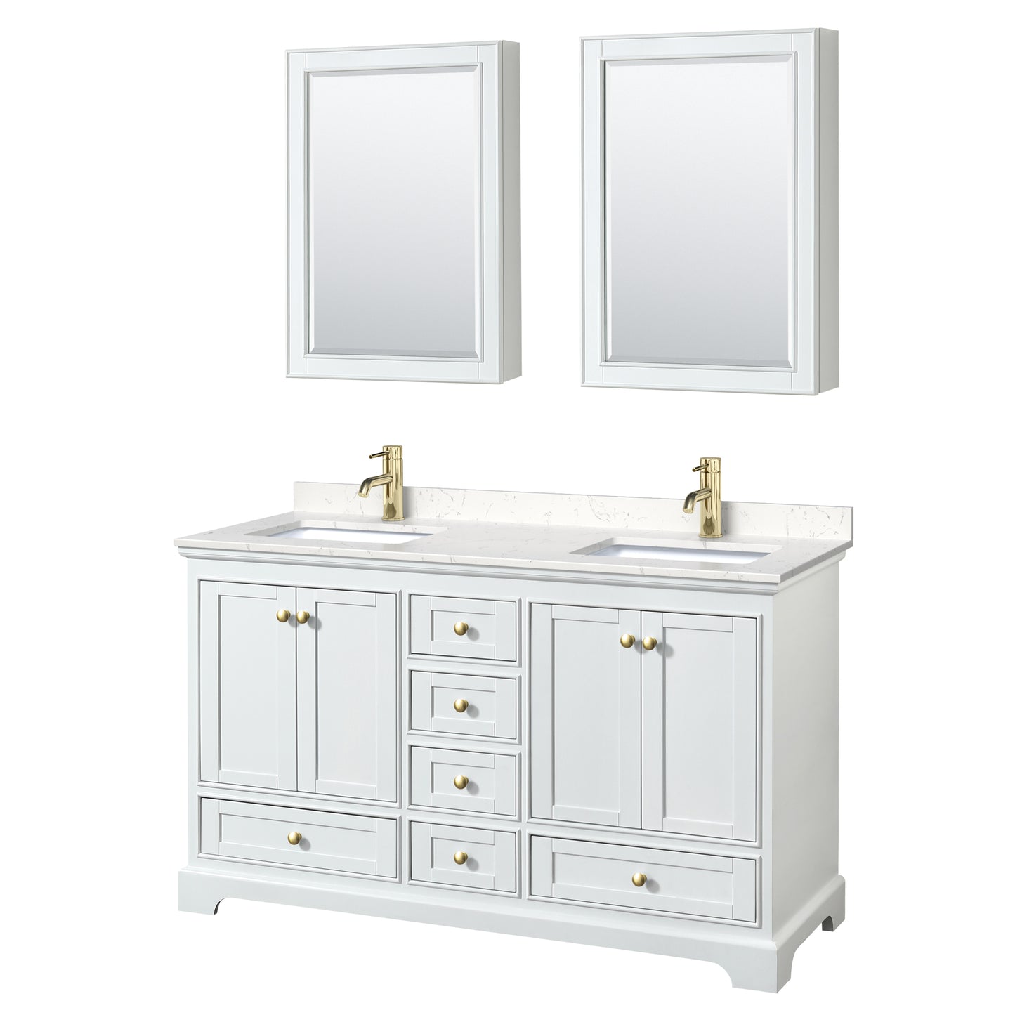 Deborah 60" White Double Vanity, Carrara Top, Gold Trim, Medicine Cabinets