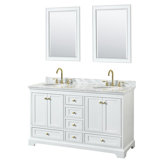 Deborah 60" Double Vanity in White, Top, Oval Brushed Gold Trim, 24" Mirrors