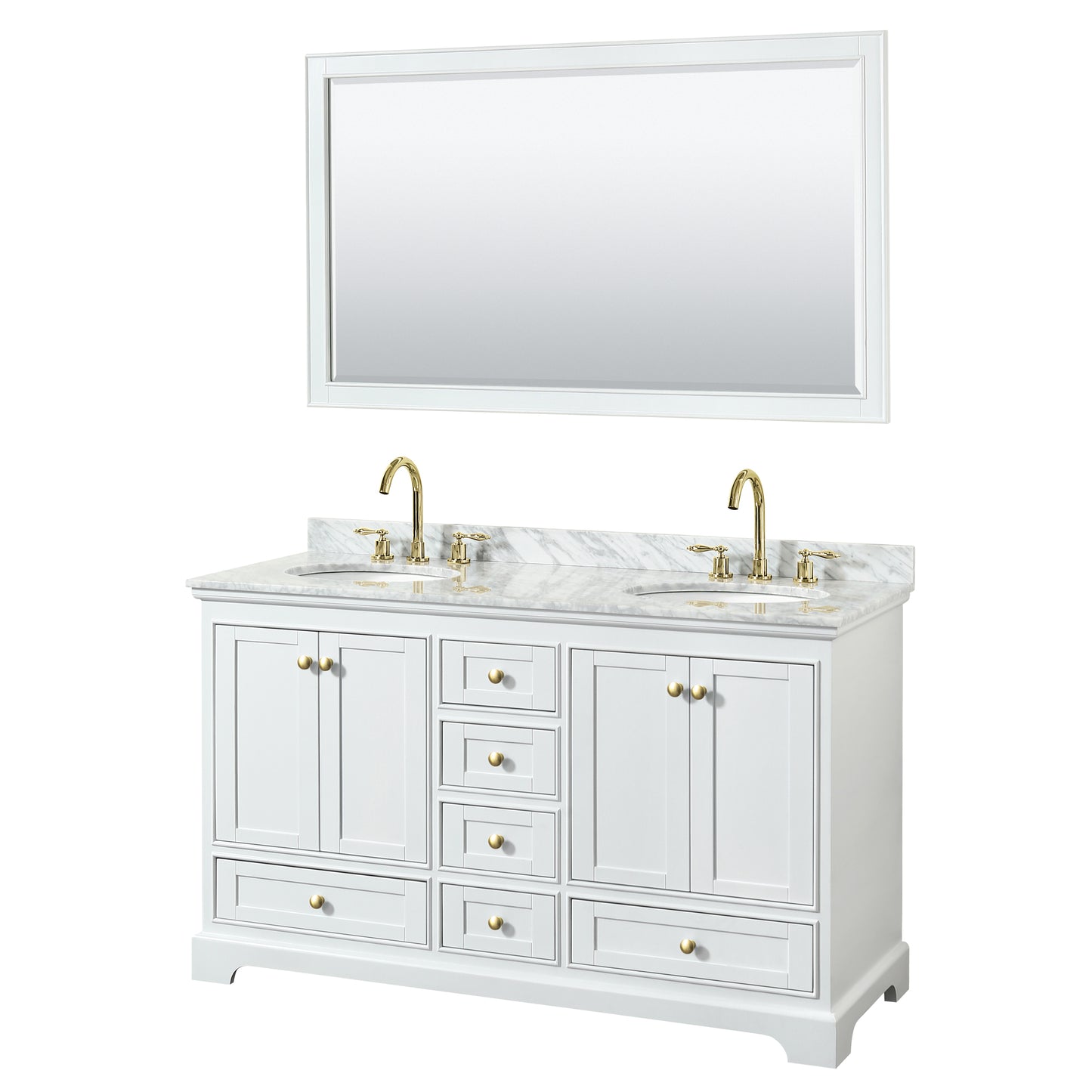 Deborah 60" Double Vanity in White, Top, Oval Brushed Gold Trim, 58" Mirror