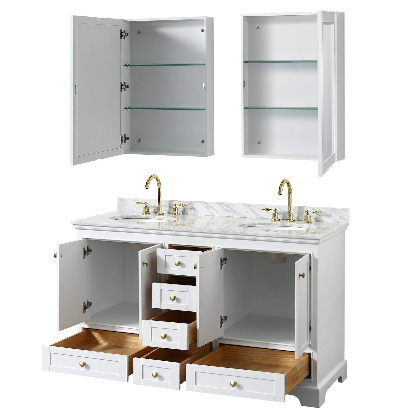 Deborah 60" White Double Vanity, Top, Oval Brushed Gold Trim, Medicine Cabinets