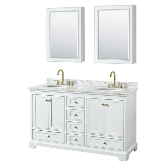 Deborah 60" White Double Vanity, Top, Oval Brushed Gold Trim, Medicine Cabinets