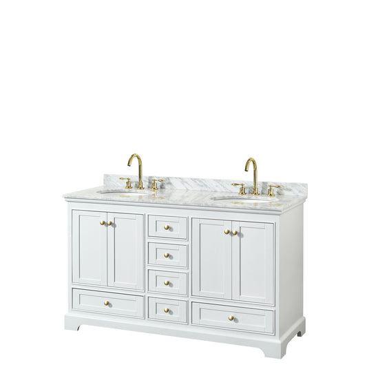 Deborah 60" Double Vanity in White, Top, Oval Brushed Gold Trim, No Mirrors