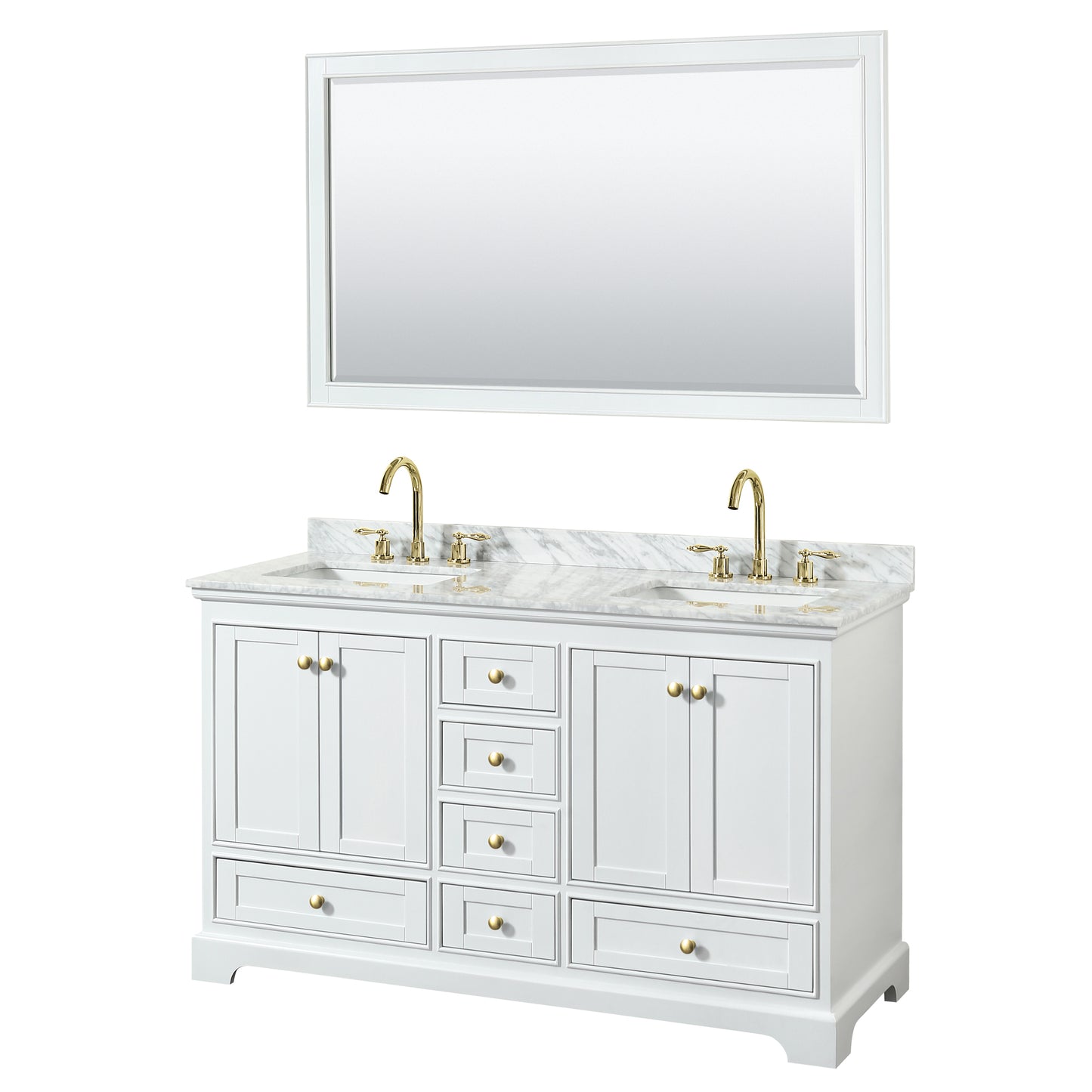 Deborah 60" Double Vanity in White, Top, Square Brushed Gold Trim, 58" Mirror