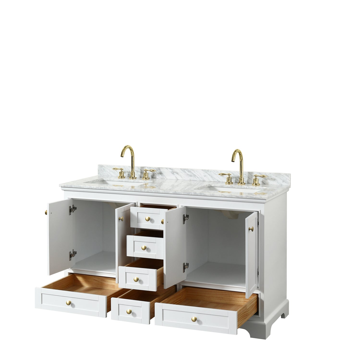 Deborah 60" Double Vanity in White, Top, Square Brushed Gold Trim, No Mirror
