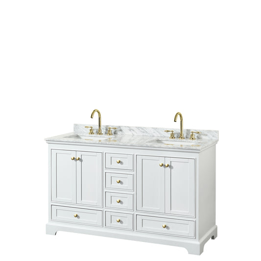 Deborah 60" Double Vanity in White, Top, Square Brushed Gold Trim, No Mirror