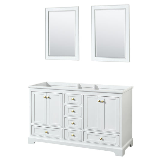 Deborah 60" Double Vanity in White, No Top, Brushed Gold Trim, 24" Mirrors