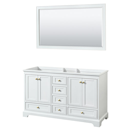 Deborah 60" Double Vanity in White, No Top, Brushed Gold Trim, 58" Mirror