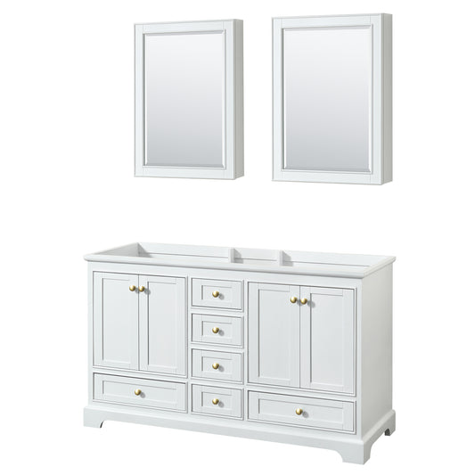 Deborah 60" Double Vanity in White, No Top, Brushed Gold Trim, Medicine Cabinets