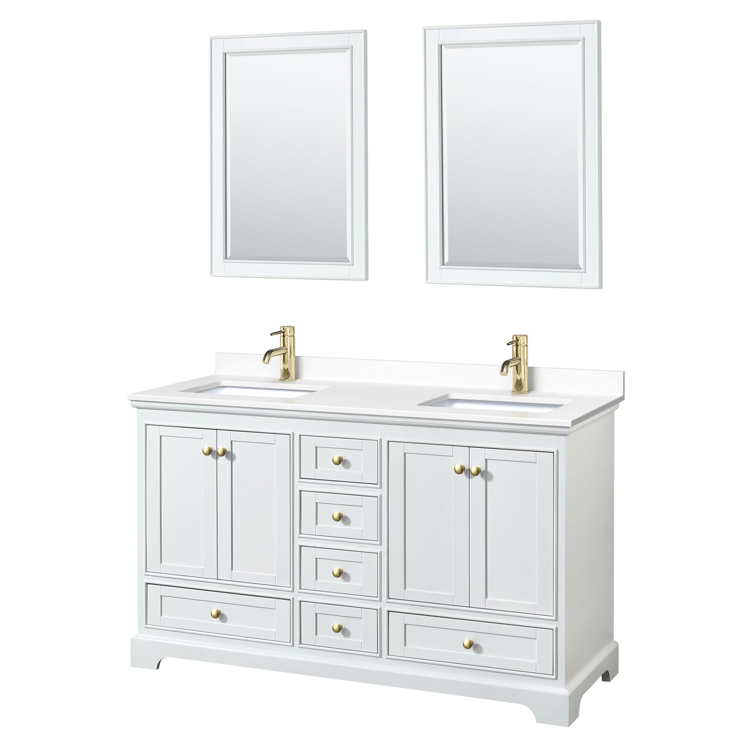 Deborah 60" Double Vanity in White, White Marble Top, Gold Trim, 24" Mirrors