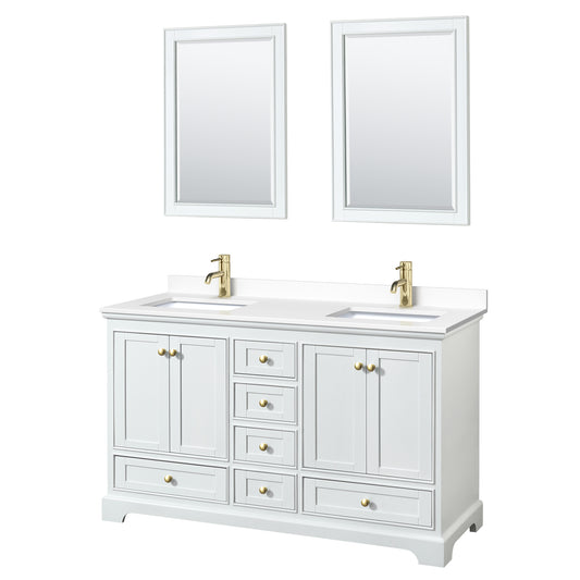 Deborah 60" Double Vanity in White, White Marble Top, Gold Trim, 24" Mirrors