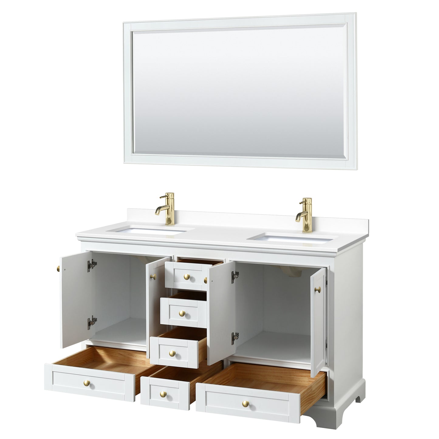 Deborah 60" Double Vanity in White, White Marble Top, Gold Trim, 58" Mirror