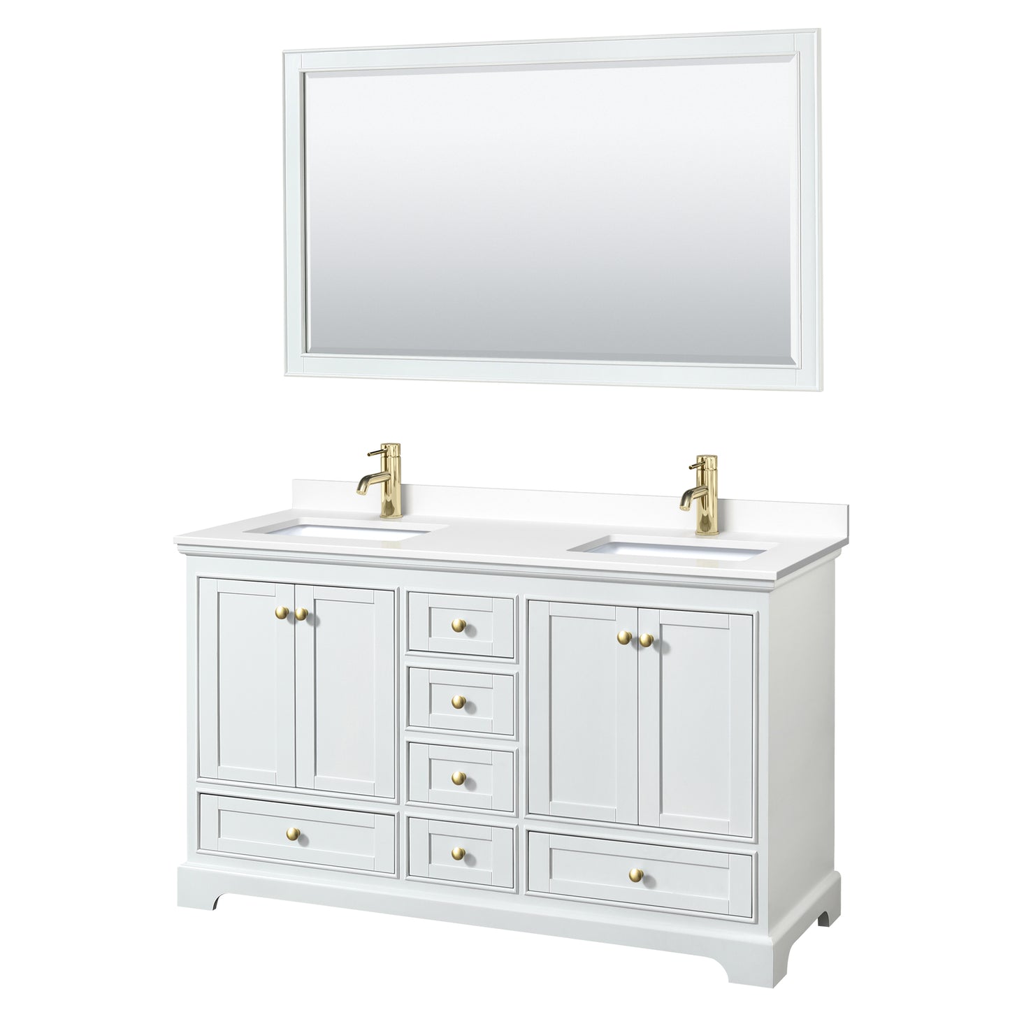 Deborah 60" Double Vanity in White, White Marble Top, Gold Trim, 58" Mirror