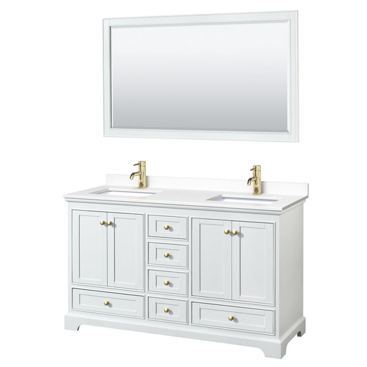 Deborah 60" Double Vanity in White, White Marble Top, Gold Trim, 58" Mirror