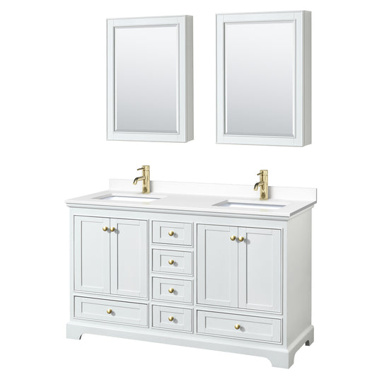 Deborah 60" White Double Vanity, White Marble Top, Gold Trim, Medicine Cabinets