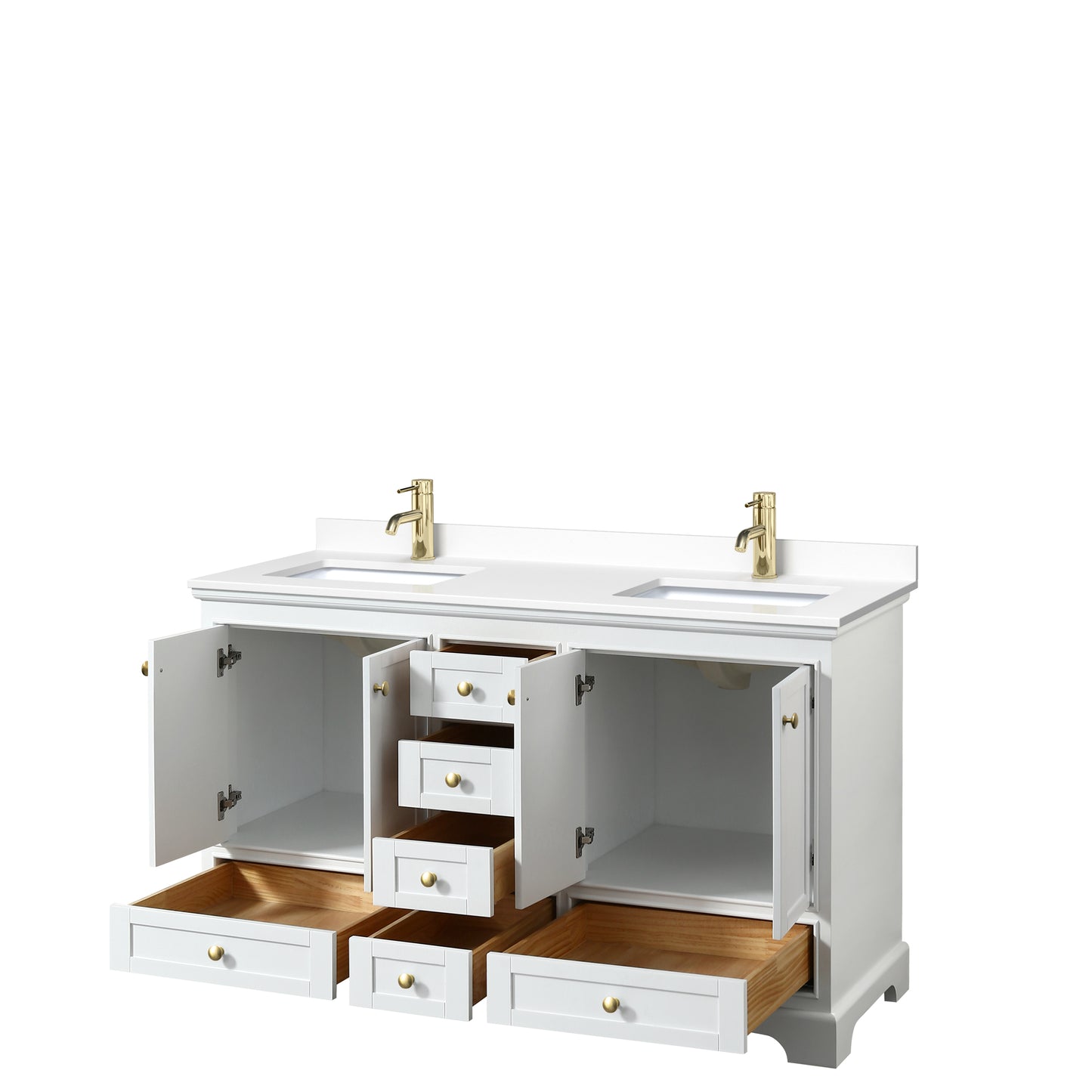 Deborah 60" Double Vanity in White, White Marble Top, Gold Trim, No Mirrors
