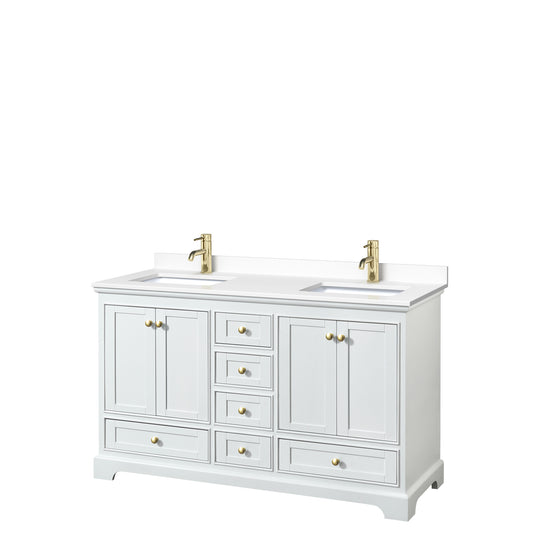 Deborah 60" Double Vanity in White, White Marble Top, Gold Trim, No Mirrors
