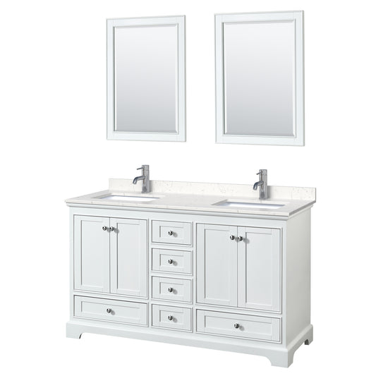 Deborah 60" Double Vanity in White, Carrara Cultured Marble Top, 24" Mirrors