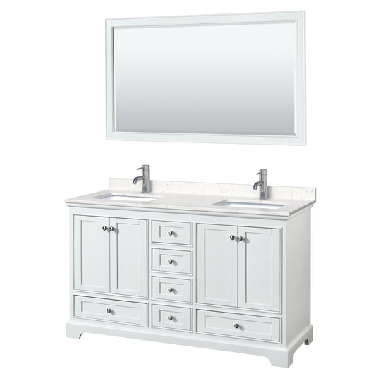 Deborah 60" Double Vanity in White, Carrara Cultured Marble Top, 58" Mirror