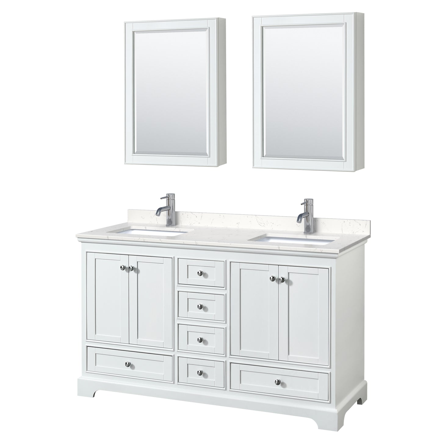 Deborah 60" Double Vanity in White, Carrara Marble Top, Medicine Cabinets