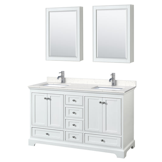 Deborah 60" Double Vanity in White, Carrara Marble Top, Medicine Cabinets