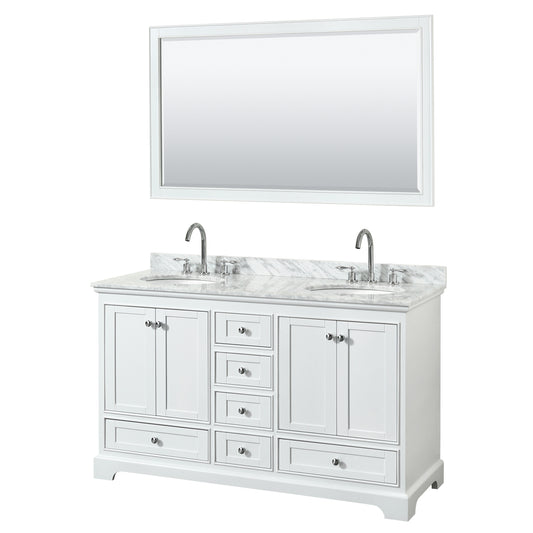 Deborah 60 Inch Double Bathroom Vanity in White, White Carrara Marble Countertop, Undermount Oval Sinks, and 58 Inch Mirror