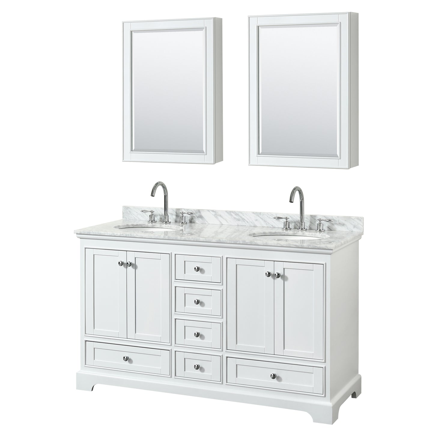 Deborah 60 Inch Double Bathroom Vanity in White, White Carrara Marble Countertop, Undermount Oval Sinks, and Medicine Cabinets