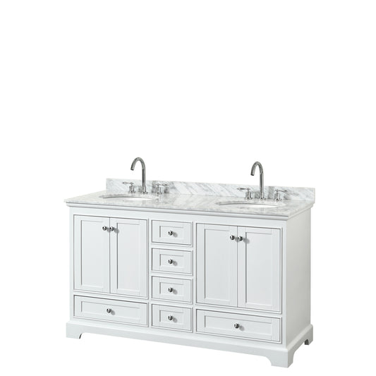 Deborah 60 Inch Double Bathroom Vanity in White, White Carrara Marble Countertop, Undermount Oval Sinks, and No Mirrors