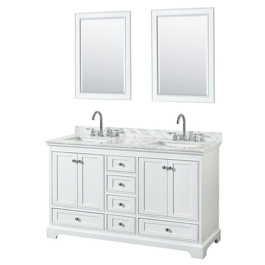 Deborah 60 inch Double Bathroom Vanity in White, White Carrara Marble Countertop, Undermount Square Sinks, and 24 inch Mirrors