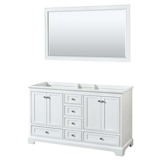 Deborah 60 inch Double Bathroom Vanity in White, No Countertop, No Sinks, and 58 inch Mirror