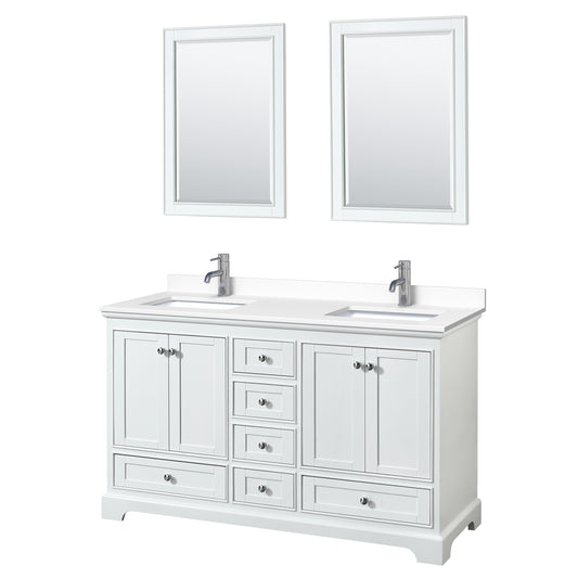 Deborah 60" Double Vanity in White, White Cultured Marble Top, 24" Mirrors