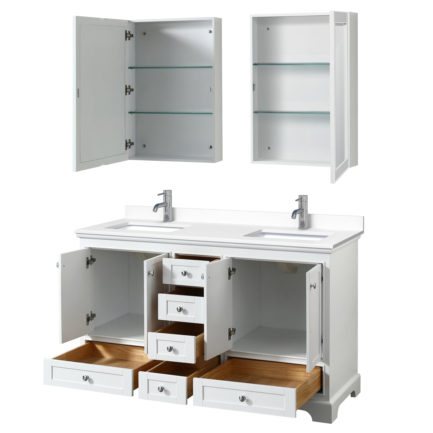 Deborah 60" Double Vanity in White, White Cultured Marble Top, Medicine Cabinets