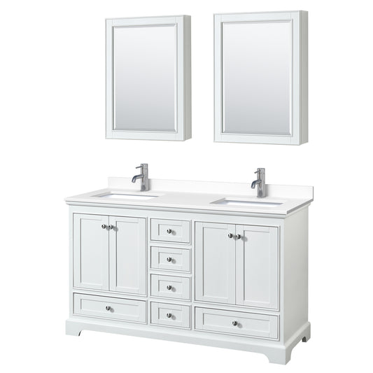 Deborah 60" Double Vanity in White, White Cultured Marble Top, Medicine Cabinets