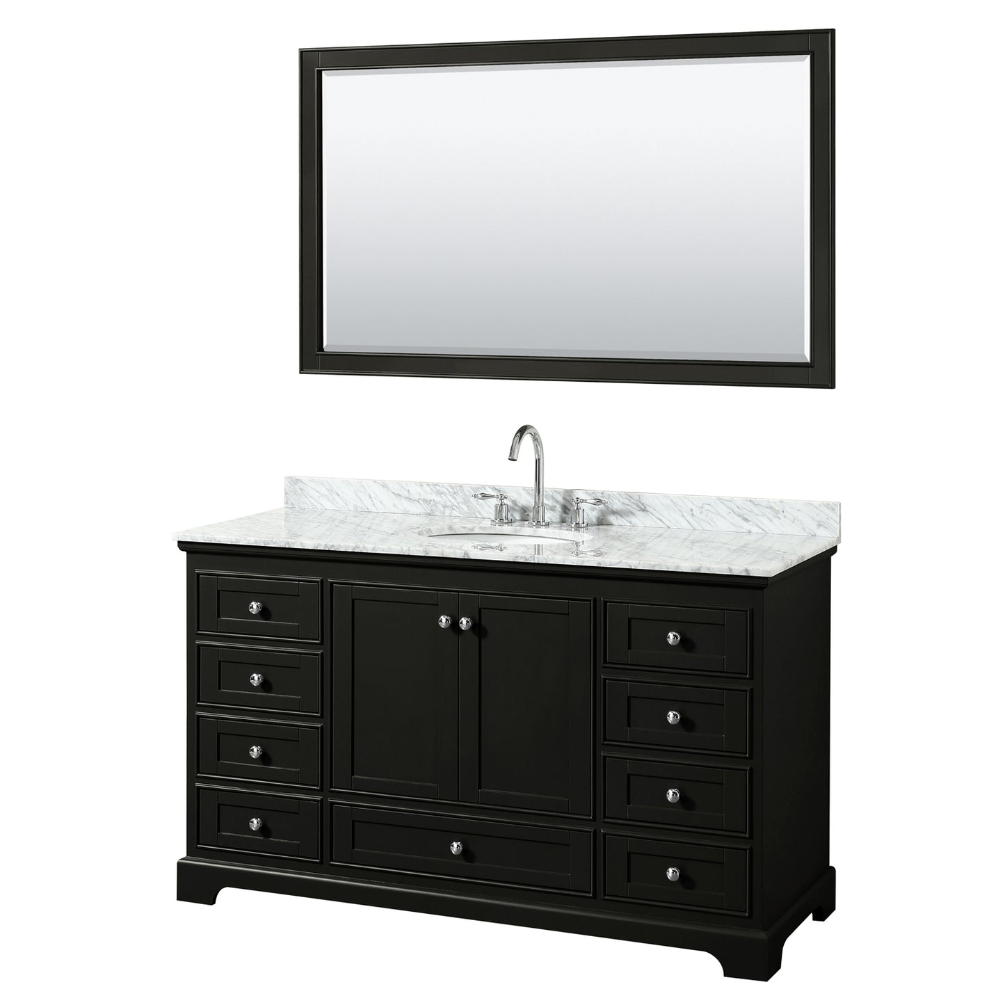 Deborah 60 Inch Single Bathroom Vanity in Dark Espresso, White Carrara Marble Countertop, Undermount Oval Sink, and 58 Inch Mirror