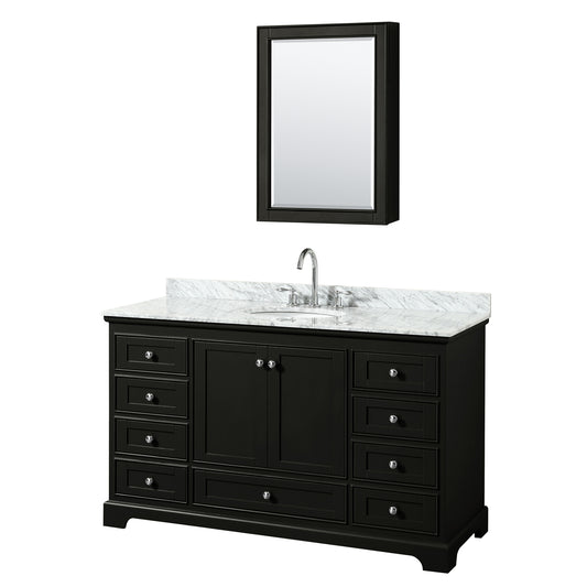 Deborah 60 Inch Single Bathroom Vanity in Dark Espresso, White Carrara Marble Countertop, Undermount Oval Sink, and Medicine Cabinet