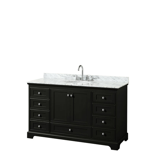 Deborah 60 Inch Single Bathroom Vanity in Dark Espresso, White Carrara Marble Countertop, Undermount Oval Sink, and No Mirror