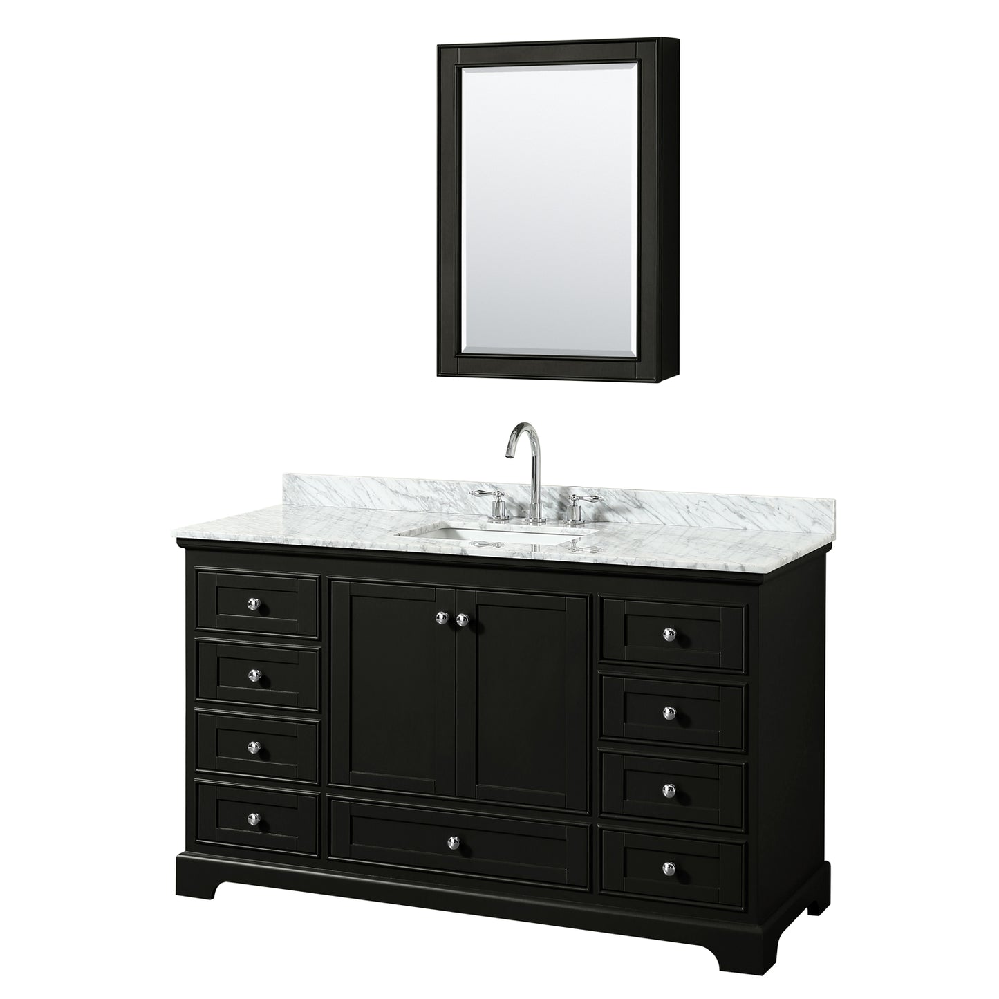 Deborah 60 Inch Single Bathroom Vanity in Dark Espresso, White Carrara Marble Countertop, Undermount Square Sink, and Medicine Cabinet